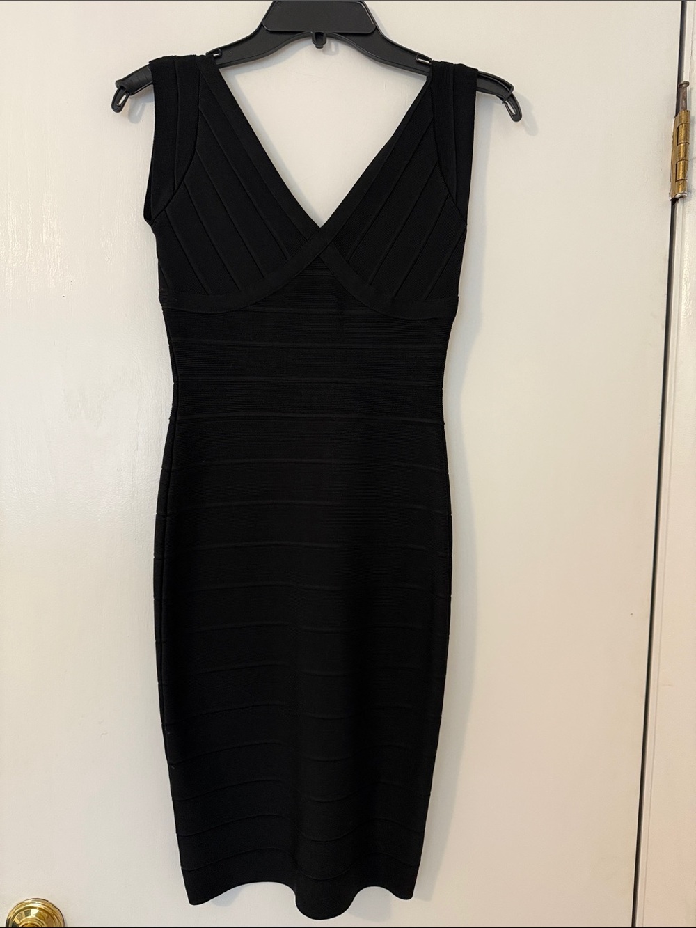 Herve Leger Black V-Neck Bodycon Dress - Classic Sleeveless Sheath